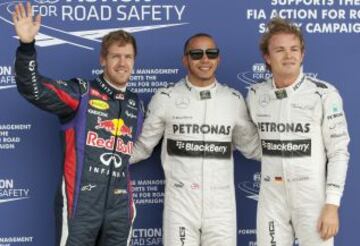 Pole para la carrera de Lewis Hamilton, Sebastian Vettel y Nico Rosberg.
