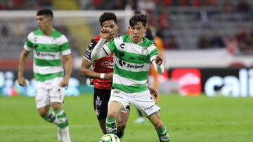 (L-R), Jonathan Herrera of Atlas and Aldo Lopez of Santos during the game Atlas vs Santos, corresponding to Round 04 of the Torneo Clausura 2023 of the Liga BBVA MX, at Jalisco Stadium, on January 26, 2023.
<br><br>
(I-D), Jonathan Herrera de Atlas y Aldo Lopez de Santos durante el partido Atlas vs Santos, Correspondiente a la Jornada 04 del Torneo Clausura 2023 de la Liga BBVA MX, en el Estadio Jalisco, el 26 de Enero de 2023.