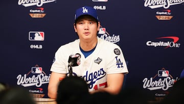 Oct 28, 2025; Los Angeles, California, USA; Los Angeles Dodgers two-way player Shohei Ohtani (17) speaks at the postgame press conference after the game against the Toronto Blue Jays during game four of the 2025 MLB World Series at Dodger Stadium. Mandatory Credit: Kiyoshi Mio-Imagn Images