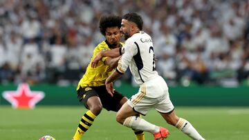 London (United Kingdom), 01/06/2024.- Dani Carvajal (L) of Madrid and Karim Adeyemi of Dortmund in action during the UEFA Champions League final match of Borussia Dortmund against Real Madrid, in London, Britain, 01 June 2024. (Liga de Campeones, Rusia, Reino Unido, Londres) EFE/EPA/NEIL HALL
