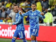 Apr 28, 2026; Nashville, TN, USA; Tigres UANL midfielder Juan Vigon (6) and forward Angel Correa (7) celebrate after a goal scored by Correa during the first half of their Concacaf Champions Cup Semifinals game against Nashville SC at GEODIS Park. Mandatory Credit: Alan Poizner-Imagn Images