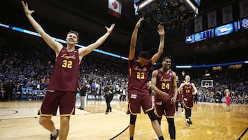 ATLANTA, GA - MARCH 22: The Loyola Ramblers celebrate their teams win over the Nevada Wolf Pack during the 2018 NCAA Men's Basketball Tournament South Regional at Philips Arena on March 22, 2018 in Atlanta, Georgia. The Loyola Ramblers defeated the Nevada Wolf Pack 69-68. Ronald Martinez/Getty Images/AFP
== FOR NEWSPAPERS, INTERNET, TELCOS & TELEVISION USE ONLY ==