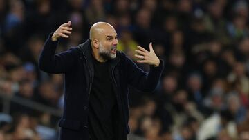 Soccer Football - Premier League - Manchester City v Manchester United - Etihad Stadium, Manchester, Britain - December 15, 2024 Manchester City manager Pep Guardiola reacts REUTERS/Phil Noble EDITORIAL USE ONLY. NO USE WITH UNAUTHORIZED AUDIO, VIDEO, DATA, FIXTURE LISTS, CLUB/LEAGUE LOGOS OR 'LIVE' SERVICES. ONLINE IN-MATCH USE LIMITED TO 120 IMAGES, NO VIDEO EMULATION. NO USE IN BETTING, GAMES OR SINGLE CLUB/LEAGUE/PLAYER PUBLICATIONS. PLEASE CONTACT YOUR ACCOUNT REPRESENTATIVE FOR FURTHER DETAILS..