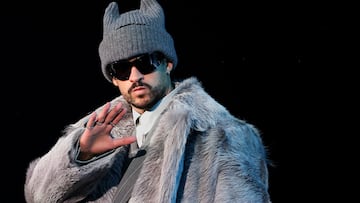Grammy Award-winning global recording artist Bad Bunny appears onstage during his halftime show press conference ahead of Sunday's performance at the Super Bowl LX game between the New England Patriots and the Seattle Seahawks, in San Francisco, California, U.S., February 5, 2026. REUTERS/Carlos Barria