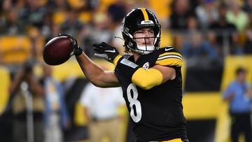 Kenny Pickett of the Pittsburgh Steelers drops back to pass in the fourth quarter during a preseason game against the Seattle Seahawks at Acrisure Stadium on August 13, 2022 in Pittsburgh, Pennsylvania.