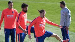 Filipe Luis y Diego Costa en el entrenamiento del Atl&eacute;tico de Madrid.