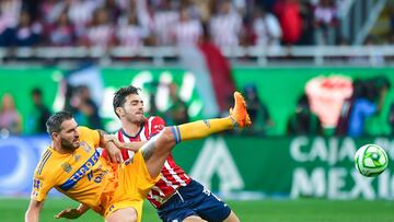 (L-R), Antonio Briseno of Guadalajara and Andre-Pierre Gignac of Tigres during the game Guadalajara vs Tigres UANL, corresponding to second leg match of great final of the Torneo Clausura 2023 of the Liga BBVA MX, at Akron Stadium, on May 28, 2023.
<br><br>
(I-D), Antonio Briseno de Guadalajara y Andre-Pierre Gignac de Tigres durante el partido Guadalajara vs Tigres UANL, Correspondiente al partido de Vuelta de la Gran final del Torneo Clausura 2023 de la Liga BBVA MX, en el Estadio Akron, el 28 de Mayo de 2023.