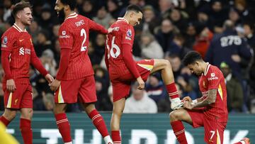 London (United Kingdom), 22/12/2024.- Liverpool's Luis Diaz (R) celebrates scoring the opening goal during the English Premier League soccer match beween Tottenham Hotspur and Liverpool FC, in London, Britain, 22 December 2024. (Reino Unido, Londres) EFE/EPA/TOLGA AKMEN EDITORIAL USE ONLY. No use with unauthorized audio, video, data, fixture lists, club/league logos, 'live' services or NFTs. Online in-match use limited to 120 images, no video emulation. No use in betting, games or single club/league/player publications.