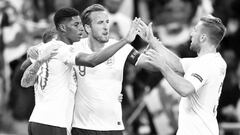 Rashford, Kane y Shaw celebran el primer gol de Inglaterra a Espa&ntilde;a en la Liga de Naciones.