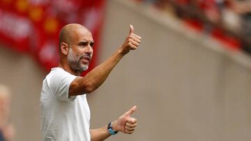 Soccer Football - FA Community Shield - Manchester City v Liverpool - Wembley Stadium, London, Britain - August 4, 2019  Manchester City manager Pep Guardiola gestures during the match   Action Images via Reuters/John Sibley