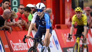 Team Israel Premier Tech's US rider Matthew Riccitello crosses the finish line during the 14th stage of the Vuelta a Espana cycling tour, a 135 km race between Aviles and La Farrapona in Somiedo, on September 6, 2025. Cycling team Israel-Premier Tech removed their name from their kit at the Vuelta a Espana today after pro-Palestine protests aimed at them during the race. (Photo by Miguel RIOPA / AFP)