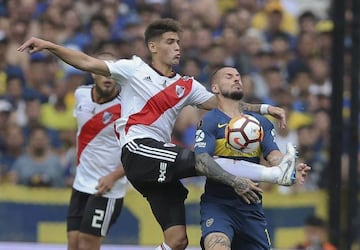 Exequiel Palacios in action against Boca Juniors