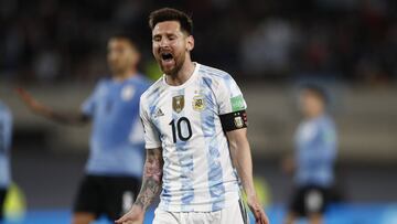 Soccer Football - World Cup - South American Qualifiers - Argentina v Uruguay - El Monumental, Buenos Aires, Argentina - October 10, 2021 Argentina's Lionel Messi reacts REUTERS/Agustin Marcarian