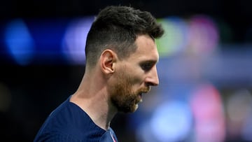 Paris Saint-Germain's Argentine forward Lionel Messi reacts during the French L1 football match between Paris Saint-Germain (PSG) and Clermont Foot 63 at the Parc des Princes Stadium in Paris on June 3, 2023. (Photo by FRANCK FIFE / AFP)