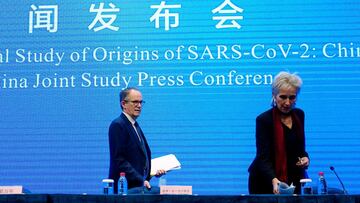 FILE PHOTO: Peter Ben Embarek and Marion Koopmans, members of the World Health Organization (WHO) team tasked with investigating the origins of the coronavirus disease (COVID-19), arrive for the WHO-China joint study news conference at a hotel in Wuhan, H