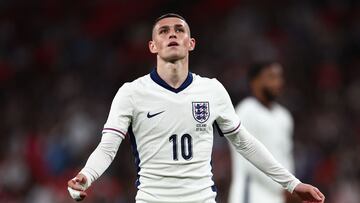 England's midfielder #10 Phil Foden reacts during the International friendly football match between England and Iceland at Wembley Stadium in London on June 7, 2024. (Photo by HENRY NICHOLLS / AFP) / NOT FOR MARKETING OR ADVERTISING USE / RESTRICTED TO EDITORIAL USE