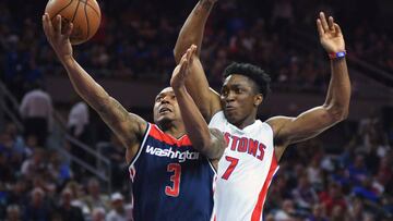 Apr 10, 2017; Auburn Hills, MI, USA; Washington Wizards guard Bradley Beal (3) goes to the basket as Detroit Pistons forward Stanley Johnson (7) defends during the fourth quarter at The Palace of Auburn Hills. Mandatory Credit: Tim Fuller-USA TODAY Sports