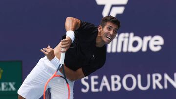 MIAMI GARDENS, FL - MARCH 23: Christian Garin (Chile) during his first round match of the Miami Open on March 23, 2023 at Hard Rock Stadium in Miami Gardens, Florida. (Photo by Michele Eve Sandberg/Icon Sportswire via Getty Images)