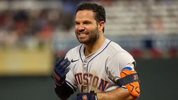 Jul 5, 2024; Minneapolis, Minnesota, USA; Houston Astros second baseman Jose Altuve (27) reacts after getting hit by a pitch during the eighth inning against the Minnesota Twins at Target Field. Mandatory Credit: Matt Krohn-USA TODAY Sports