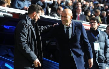 Diego Simeone greets Zinedine Zidane during the La Liga match at the Estadio Santiago Bernabeu on February 27, 2016.