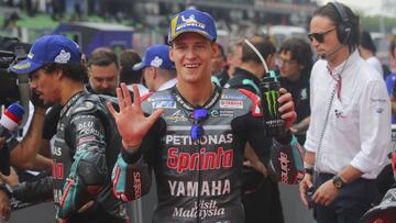 Sepang (Malaysia), 02/11/2019.- Pole position winner French rider Fabio Quartararo of Petronas Yamaha SRT reacts after the qualifying of the Motorcycling Grand Prix of Malaysia 2019 in Sepang International Circuit, outside Kuala Lumpur, Malaysia, 02 November 2019. The 2019 Malaysia Motorcycling Grand Prix will take place on 03 November. (Motociclismo, Ciclismo, Malasia) EFE/EPA/FAZRY ISMAIL