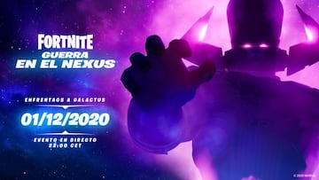 Arte oficial anunciando el evento Guerra en el Nexus de la Temporada 4 de Fortnite