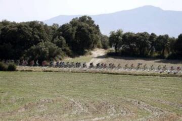 El pelotón durante la undécima etapa de la Vuelta Ciclista España que ha transcurrido entre Pamplona y San Miguel de Aralar (Navarra), de 153,4 kilómetros.