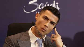 Portuguese forward Cristiano Ronaldo attends a press conference at the Mrsool Park Stadium in the Saudi capital Riyadh on January 3, 2023, ahead of the unveiling ceremony. (Photo by Fayez Nureldine / AFP) (Photo by FAYEZ NURELDINE/AFP via Getty Images)