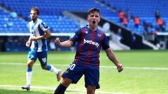 BARCELONA, SPAIN - JUNE 20: Enis Bardhi of Levante UD celebrates after scoring his team&#039;s second goal during the Liga match between RCD Espanyol and Levante UD at RCDE Stadium on June 20, 2020 in Barcelona, Spain. Football Stadiums around Europe rema