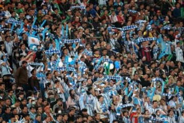 BEIJING, CHINA - OCTOBER 11: Fans of Argentina react during Super Clasico de las Americas between Argentina and Brazil at Beijing National Stadium on October 11, 2014 in Beijing, China.  (Photo by Feng Li/Getty Images)