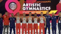 El equipo espa&ntilde;ol de gimnasia art&iacute;stica, durante los Mundiales de Stuttgart de 2019.