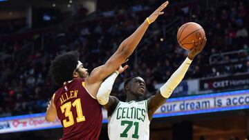 Nov 13, 2021; Cleveland, Ohio, USA; Boston Celtics guard Dennis Schroder (71) drives to the basket against Cleveland Cavaliers center Jarrett Allen (31) during the second half at Rocket Mortgage FieldHouse. Mandatory Credit: Ken Blaze-USA TODAY Sports