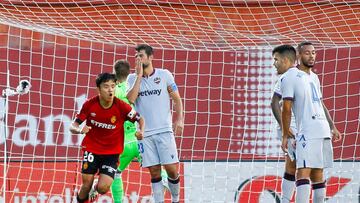 MALLORCA, SPAIN - JULY 09: Takefusa &#039;Take&#039; Kubo of RCD Mallorca celebrates after scoring his team&#039;s second goal during the Liga match between RCD Mallorca and Levante UD at Visit Mallarca Estadi on July 09, 2020 in Mallorca, Spain. Football