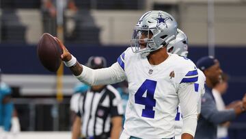 ARLINGTON, TEXAS - AUGUST 12: Dak Prescott #4 of the Dallas Cowboys warms up on the field before a preseason game against the Jacksonville Jaguars at AT&T Stadium on August 12, 2023 in Arlington, Texas.   Richard Rodriguez/Getty Images/AFP (Photo by Richard Rodriguez / GETTY IMAGES NORTH AMERICA / Getty Images via AFP)