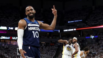 MINNEAPOLIS, MINNESOTA - MAY 14: Mike Conley #10 of the Minnesota Timberwolves reacts against the Golden State Warriors during the first quarter in Game Five of the Western Conference Second Round NBA Playoffs at Target Center on May 14, 2025 in Minneapolis, Minnesota. NOTE TO USER: User expressly acknowledges and agrees that, by downloading and or using this photograph, User is consenting to the terms and conditions of the Getty Images License Agreement. Ellen Schmidt/Getty Images/AFP (Photo by Ellen Schmidt / GETTY IMAGES NORTH AMERICA / Getty Images via AFP)