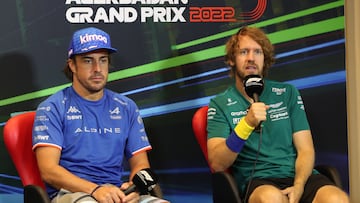 Baku (Azerbaijan).- (FILE) - Spanish Formula One driver Fernando Alonso (L) of Alpine F1 Team and German Formula One driver Sebastian Vettel (R) of Aston Martin attend the press conference of the Formula One Grand Prix of Azerbaijan, at the Baku City Circuit in Baku, Azerbaijan, 10 June 2022 (reissued 01 August 2022). Fernando Alonso will succeed Sebastian Vettel, who announced retiring from Formula One after the 2022 season, at Aston Martin F1 from the 2023 season on. The team confirmed on 01 August 2022 that Alonso "will join the team in 2023 on a multi-year contract". (Fórmula Uno, Azerbaiyán) EFE/EPA/ALI HAIDER *** Local Caption *** 57739824
