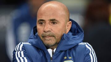 (FILES) In this file photo taken on March 23, 2018, Argentina's coach Jorge Sampaoli awaits kick off of a fiendly football match between Argentina and Italy at the Etihad stadium in Manchester, northwest England, ahead of the Russia 2018 World Cup.