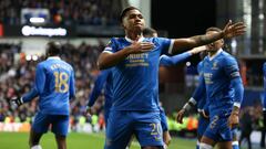 GLASGOW, SCOTLAND - MARCH 10: Rangers' Alfredo Morelos celebrates making it 2-0 during a UEFA Europa League match between Rangers and Red Star Belgrade at Ibrox Stadium, on March 10, 2022, in Glasgow, Scotland. (Photo by Alan Harvey/SNS Group via Getty Images)