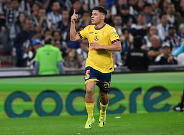     Richard Sanchez celebrates his goal 0-1 of America during the final second-leg match between Monterrey and America as part of the Torneo Apertura 2024 Liga MX at BBVA Bancomer Stadium, on December 15, 2024 in Monterrey, Nuevo Leon, Mexico.