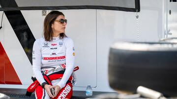 May 17, 2023; Speedway, Indiana, USA; Rahal Letterman Lanigan Racing driver Katherine Legge (44) sits in her pits before Indy500 practice at the Indianapolis Motor Speedway. Mandatory Credit: Marc Lebryk-USA TODAY Sports