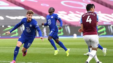 LONDON, ENGLAND - APRIL 24: Timo Werner of Chelsea celebrates after scoring their sides first goal  during the Premier League match between West Ham United and Chelsea at London Stadium on April 24, 2021 in London, England. Sporting stadiums around the UK