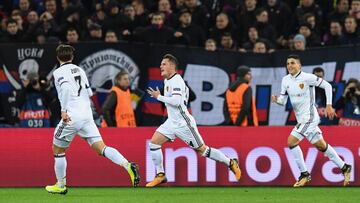 Basel's defender from Albania Taulant Xhaka (C) celebrates after scoring a goal during the UEFA Champions League Group A football match between PFC CSKA Moscow and FC Basel 1893 at the VEB Arena stadium in Moscow on October 18, 2017. / AFP PHOTO / Kirill KUDRYAVTSEV
