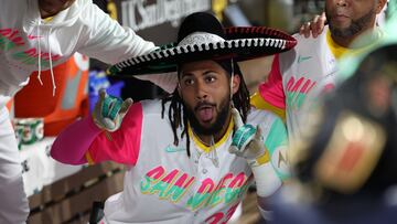 May 5, 2023; San Diego, California, USA;  San Diego Padres right fielder Fernando Tatis Jr. (23) poses for a photo in the dugout after hitting a second home run of the game in the fifth inning against the Los Angeles Dodgers at Petco Park. Mandatory Credit: Kiyoshi Mio-USA TODAY Sports