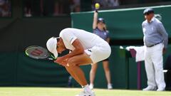 Tennis - Wimbledon - All England Lawn Tennis and Croquet Club, London, Britain - July 9, 2023 Colombia's Daniel Elahi Galan reacts during his fourth round match against Italy's Jannik Sinner REUTERS/Toby Melville