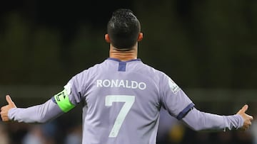 Nassr's Portuguese forward Cristiano Ronaldo reacts to a missed chance during the Saudi Pro League football match between Al-Fayha and Al-Nassr at the al-Majmaah stadium in the city of al-Majmaah on April 9, 2023. (Photo by Abdulaziz ALNOMAN / AFP)