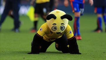 Watford mascot Harry the Hornet dives on the floor at the final whistle mocking Wilfred Zaha of Palace during the Premier League match between Watford and Crystal Palace at Vicarage Road on December 26,