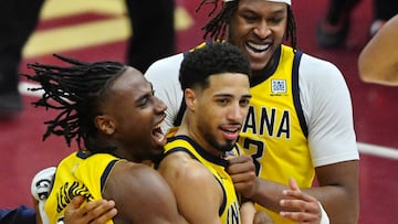May 6, 2025; Cleveland, Ohio, USA; Indiana Pacers guard Tyrese Haliburton (center) celebrates the game-winning three-point basket with forward Aaron Nesmith (23) and center Myles Turner (33) after game two of the second round of the 2025 NBA Playoffs against the Cleveland Cavaliers at Rocket Arena. Mandatory Credit: David Richard-Imagn Images TPX IMAGES OF THE DAY