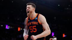 Isaiah Hartenstein #55 of the New York Knicks reacts during the first half against the Philadelphia 76ers in Game Two of the Eastern Conference First Round Playoffs at Madison Square Garden on April 22, 2024 in New York City. The Knicks won 104-101.