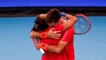 Chile's Tomas Barrios Vera and Daniela Seguel celebrate after winning their mixed-doubles match against Greece's Stefanos Tsitsipas and Maria Sakkari at the United Cup