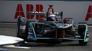 Panasonic Jaguar Racing Formula E team driver, Britain&#039;s Mitch Evans stters his car during the Super Pole session prior to the Rome leg of the Formula E electric car championship in the EUR district of Rome on April 14, 2018.
 Now in its fourth seaso